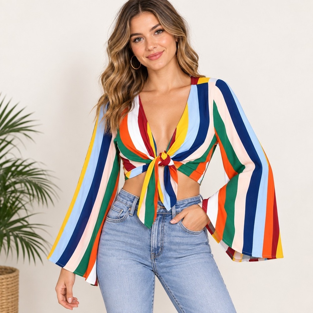 Forever 21 Rainbow Stripe Bell Sleeve Front Tie Top Women's Medium Hippie Groovy